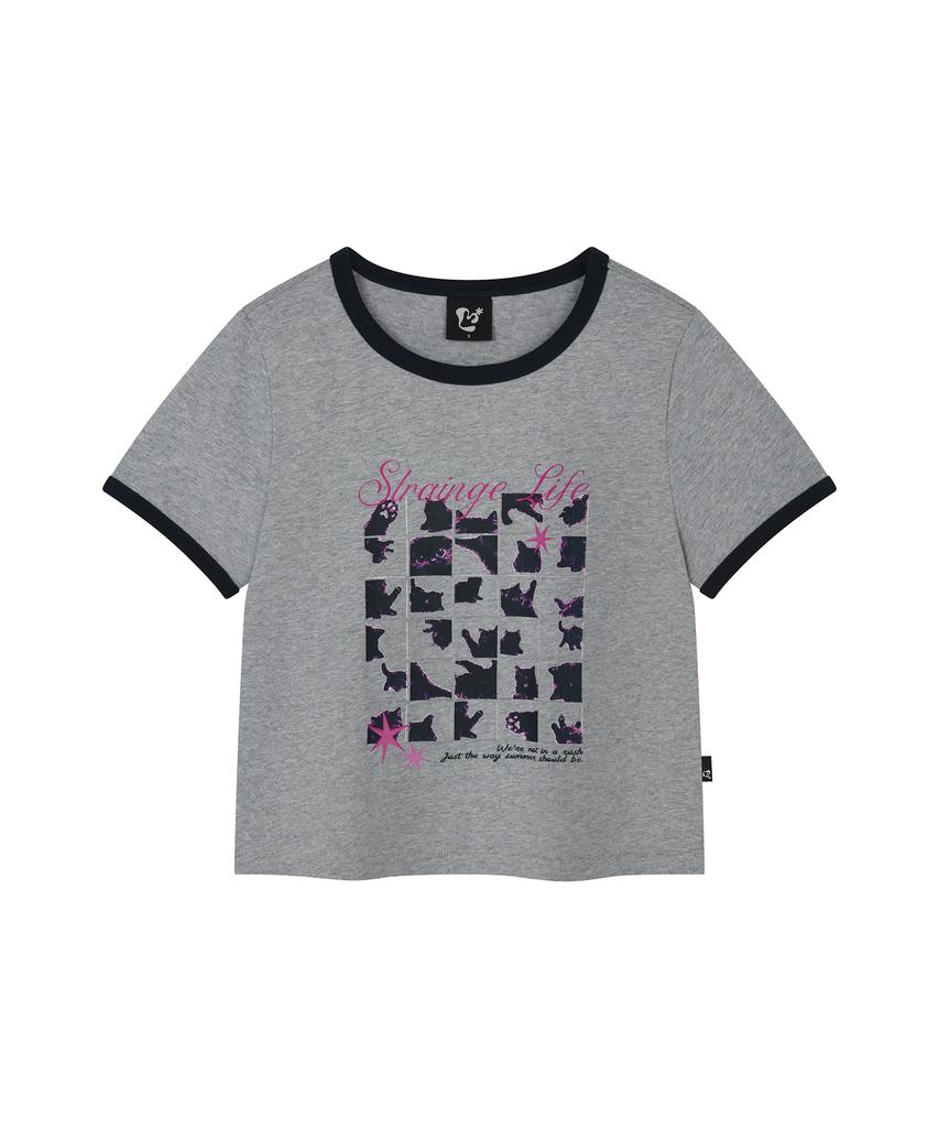 LMR Cat Foster Ringer Crop Short Sleeve T-Shirt Grey