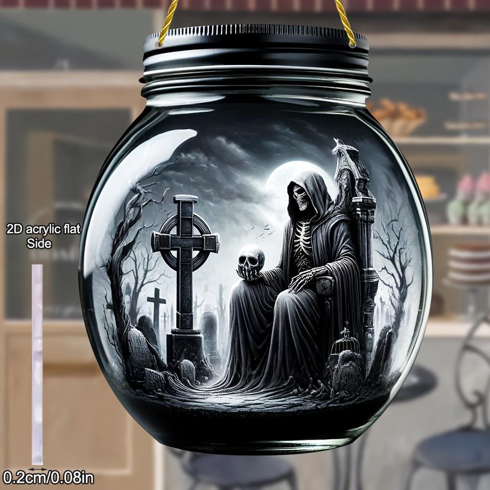 

Mason Jar Hangings Decor, Gothic Grim Reaper in Jar Wall Decor, with Skulls & Cross - Spooky Window Hanging Panel Door Sign for Home Decor 20*17cm