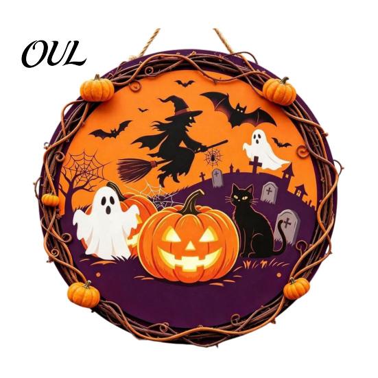 Ghost Wall Ornament Vintage Wooden Halloween Welcome Door Hanger, Pumpkin Skull Witch Farmhouse Hanger Sign, Hanging Decor for Front Porch Decoration