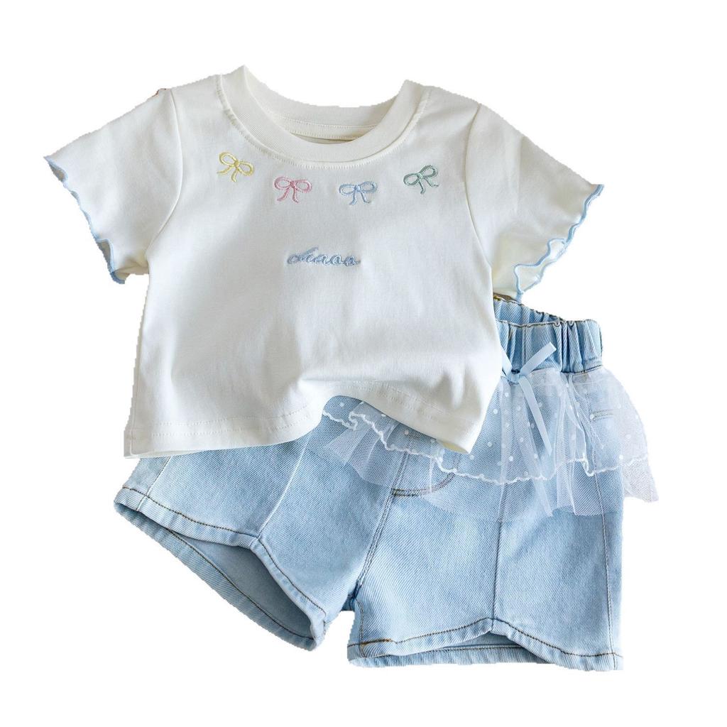 Girls Summer Cute Bow Short Sleeve T Shirt And Denim Shorts Set Baby Casual Two Piece Outfit