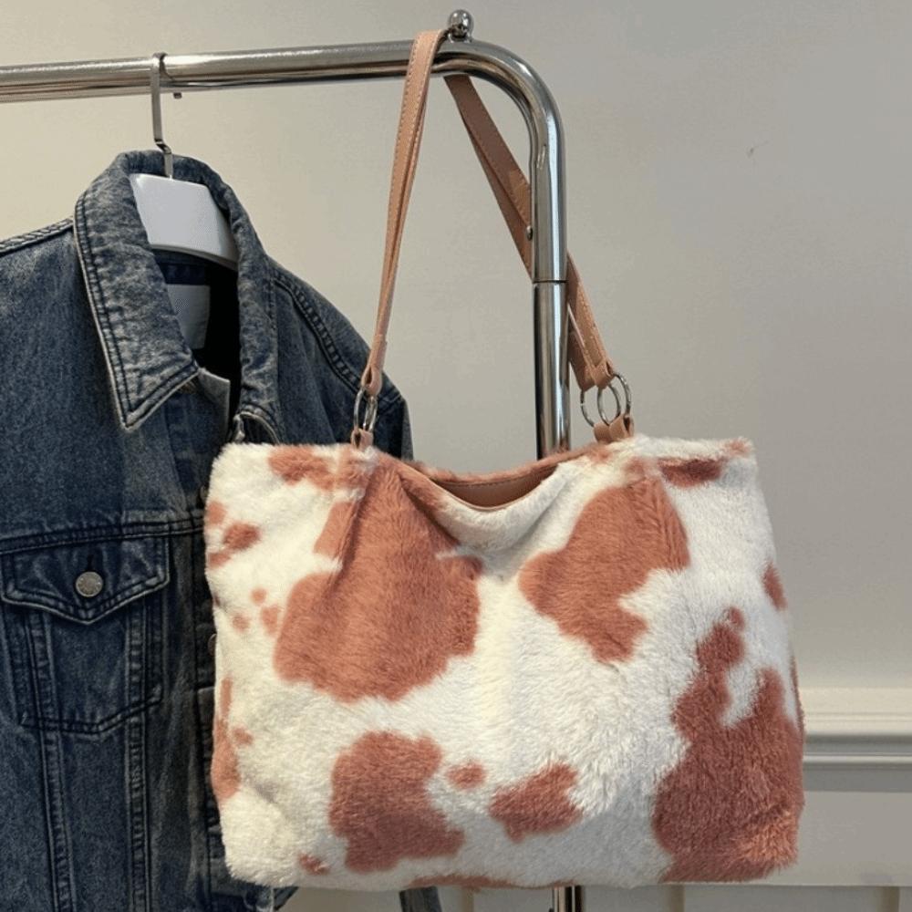 Large Capacity Plush Tote Bag Versatile Underarm Bag Gift Cow Print Shoulder Bag Women
