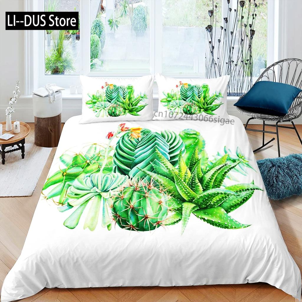 Succulents Bedding Set Green Plant Duvet CoverTropical Botanical Comforter CoverQuilt Cover for Bedroom Decor Full Size 3pcs