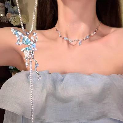Double-Layer Stacked Blue Crystal Butterfly Fringed Necklace Female Niche Design Exquisite High-End Collarbone Chain