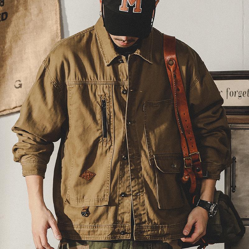 Men's Autumn Loose Fit Cotton Workwear Jacket - Trendy, Multi-Pocket, Plus Size, Casual Lapel Top
