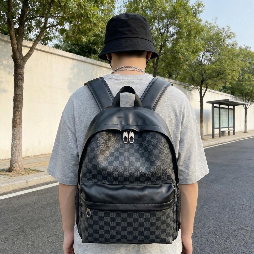 Schoolbag Checkerboard Backpack Men's Retro PU Leather Splicing Backpack Large Capacity Student Schoolbag Trendy Commuter Computer Bag
