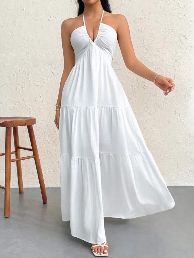 2026 Europäisches & Amerikanisches Patchwork V-Ausschnitt Strandkleid: Spaghettiträger-Sommerrock im französischen Stil für Damen