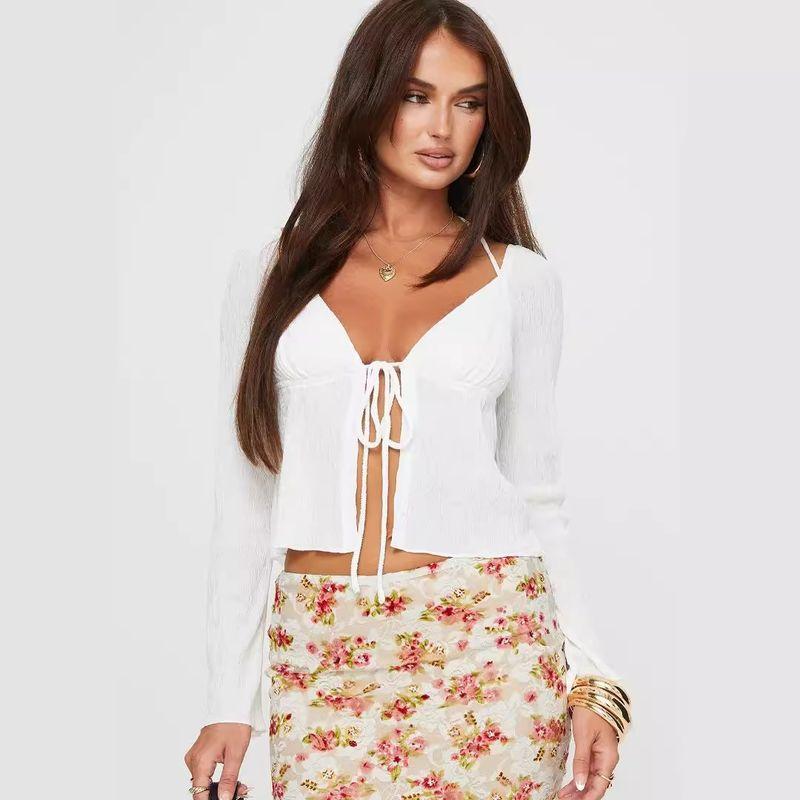 Sexy Versatile Women's Clothing Summer New Arrival Fashion Style Low Cut V-neck Sexy Lace-up Long Sleeve Solid Color Underwear Top