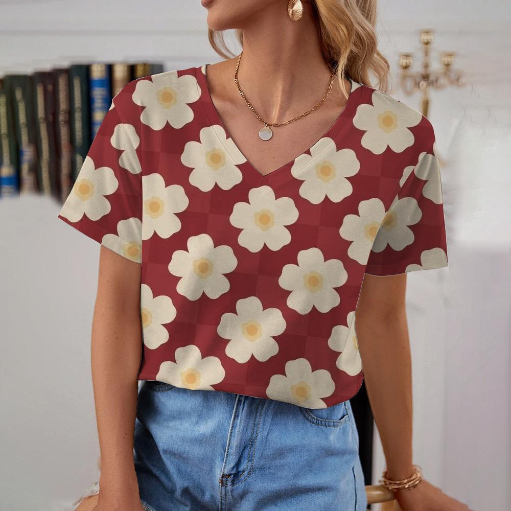 Modisches und einfaches, übergroßes, bequemes T-Shirt-Design für den Sommer, inspiriert vom geometrischen Muster, bedrucktes Damen-Oberteil mit V-Ausschnitt
