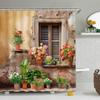 Italian Shower Curtain Rustic Potted European Italy City Town Style Spring Green Plants Garden Vintage Windows Mediterranean Greece Bathroom Curtain