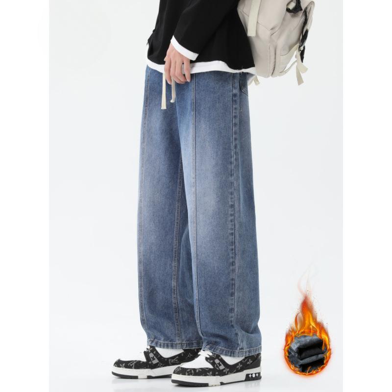 Plush Thick Jeans Men's Loose Straight Trousers with Winter Design