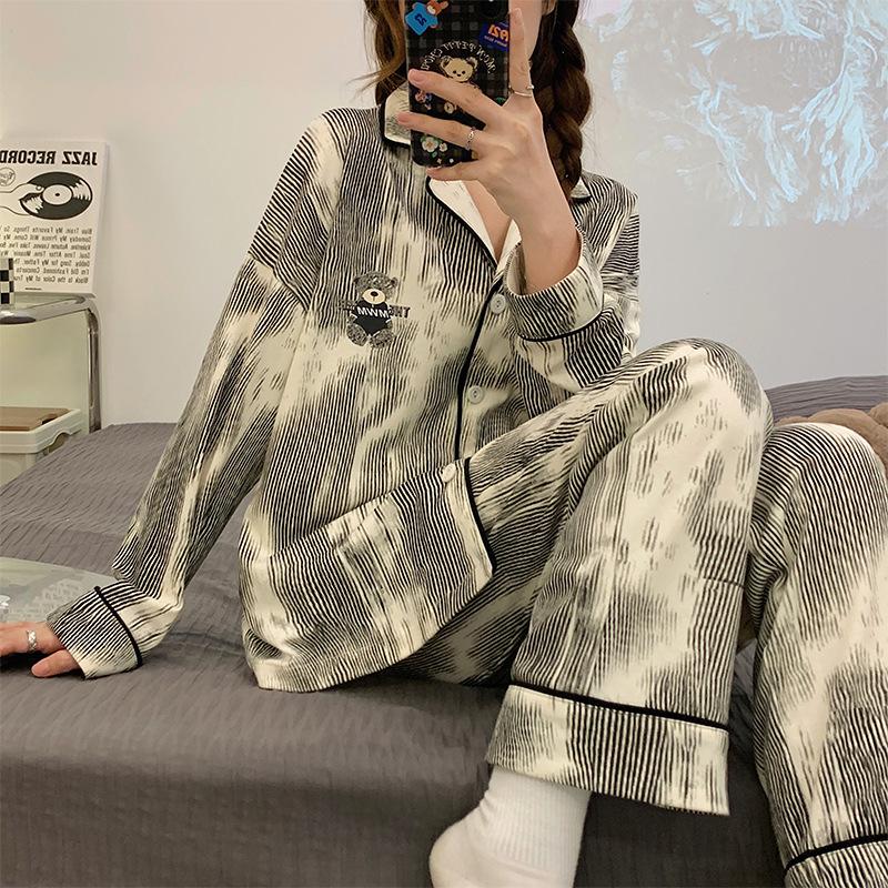 Spring and Autumn New High-end Imitation Cotton Pajamas Women's Summer Long-sleeved Trousers Set Women's Loose Large-size Loungewear