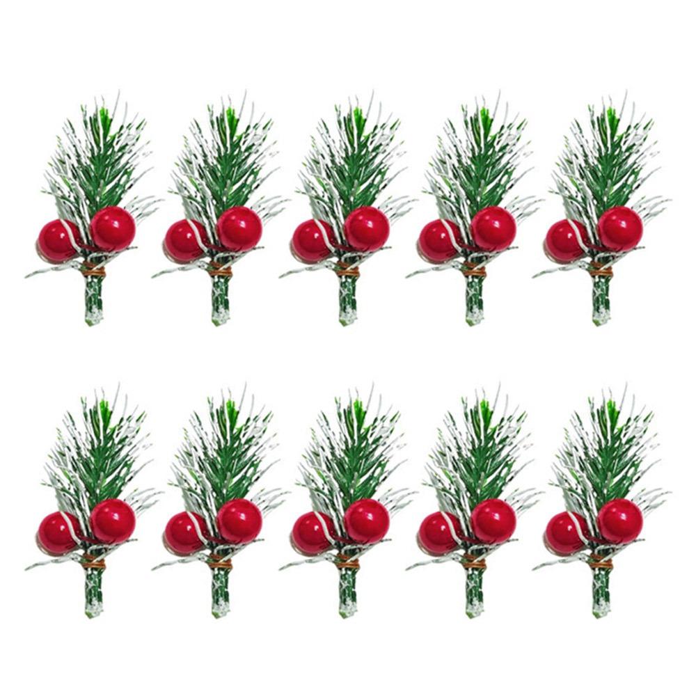 10PCS Green Artificial Pine Branches DIY Accessories Home Decoration Christmas Red Berries Stems Wrapping Wedding Ornament