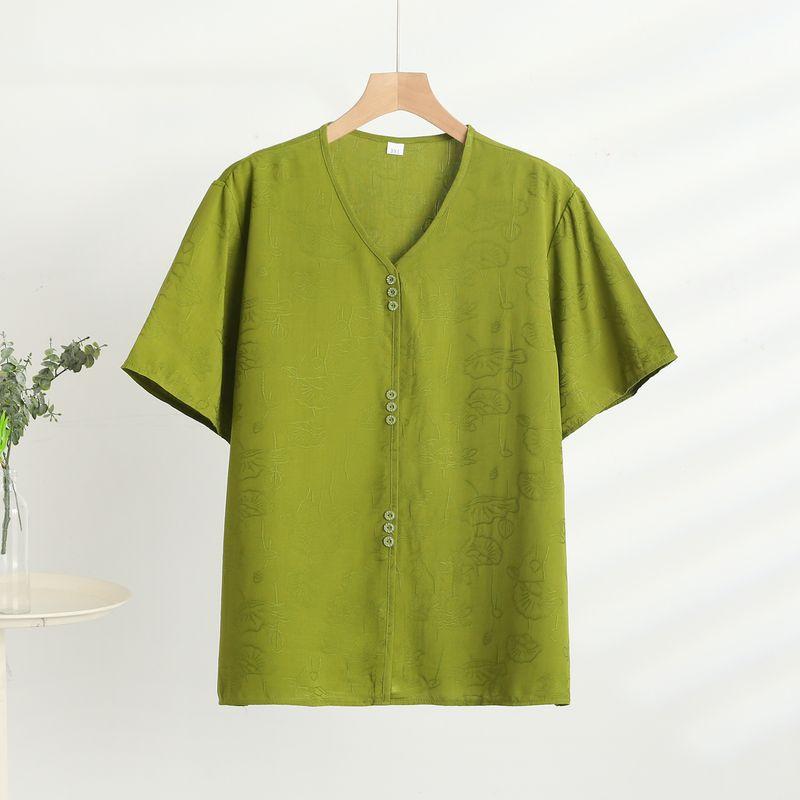 

Artificial Cotton Short sleeve Top Women Summer Thin Bourette Middle-aged Women Dress Bottoming Shirt Plus size Loose All-Match Casual T-shirt Fruit Green 5XL((Recommendation 72.50 kg-82.50 kg)