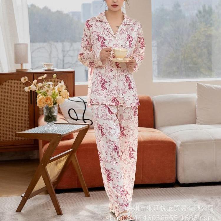 Internet-famous spring and autumn new ice and snow silk sweet floral women's high-luxury long-sleeve set loungewear pajamas