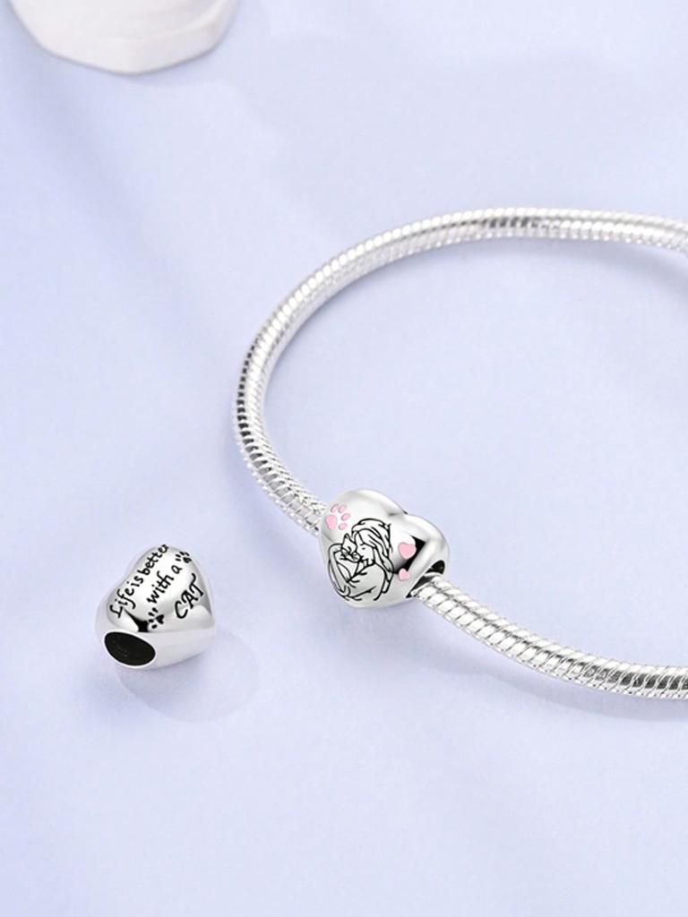 Copper Plated Original Charms Valentine'S Day Pink Heart Beads Fit Bracelet Women'S Jewelry Gift