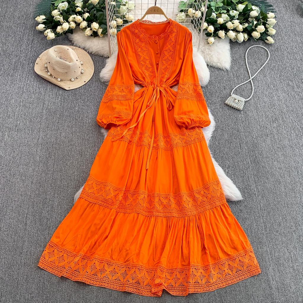 Lace Patchwork Round Neck Long Sleeved Dress for Women In Spring  Autumn Buttoned Drawstring Waist Cinching Slimming Cake Women Dress