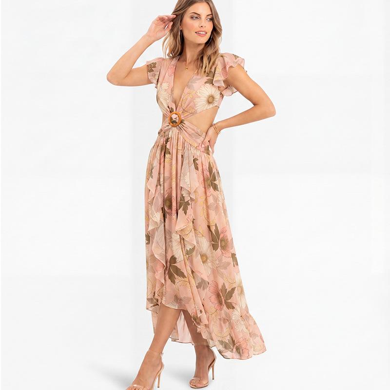 Boho Style Elegant Floral Print Long Dress Woman Summer V Neck High Waist Party Dress Summer Short Sleeve Sexy Maxi Dress