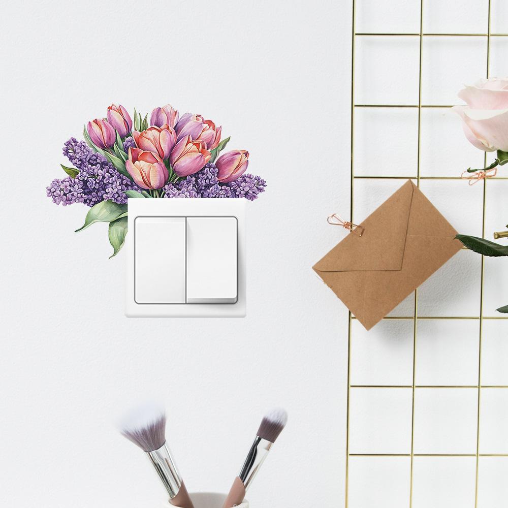 Hand Painted Purple Tulips Switch Plate Sticker for Bedroom Living Room Background Home Decor Self-Adhesive Removable Decal