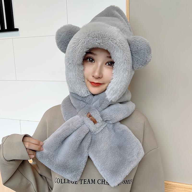 2023 Winter Cute Bear Ear Warm Hat Plush Scarf Hat Outdoor Windproof Cycling Hat Women Beanies Caps