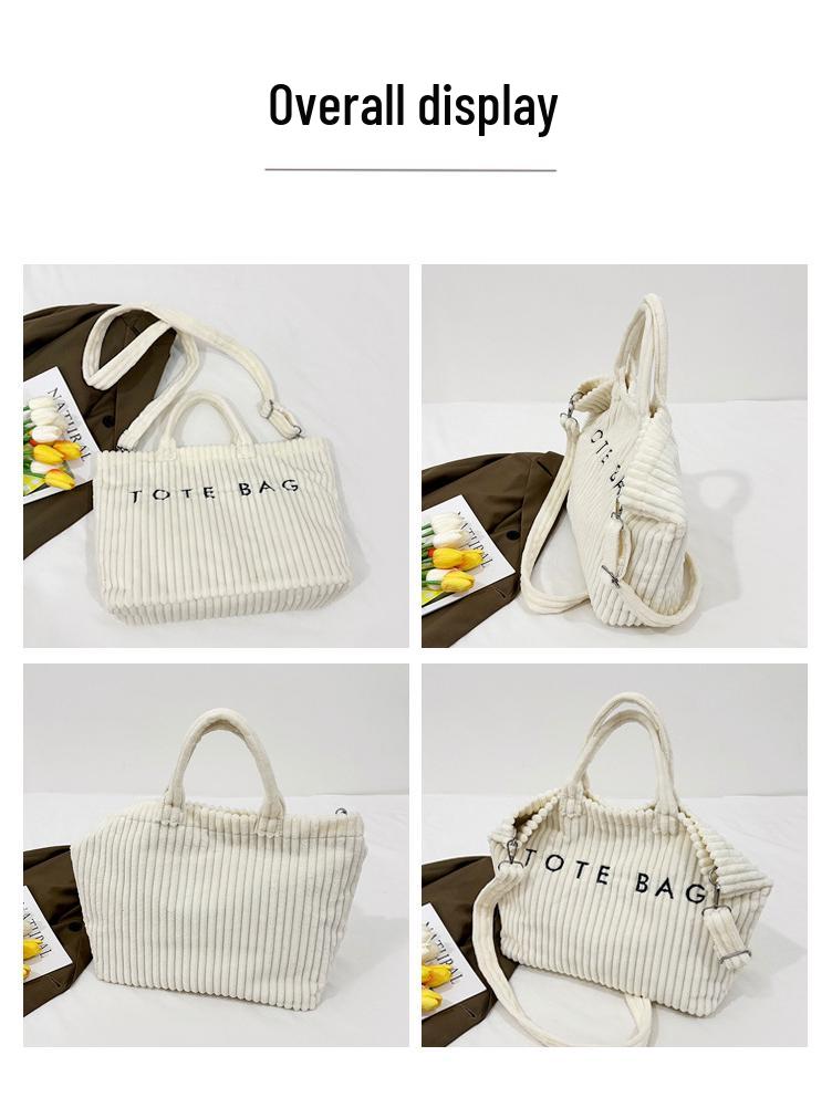 Women's 2025 Fashionable Corduroy Tote Bag with Letter Embroidery - Trendy Single Shoulder Handbag