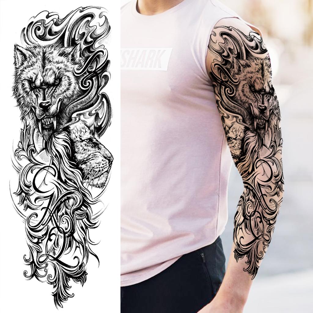 1 Foglio Tatuaggi Temporanei Finti Manica Lunga Per Donne Uomini Leone Tigre Fiore Lupo Maori Tatuaggio Adesivo Braccio Gamba Trasferimento ad Acqua Fai da Te