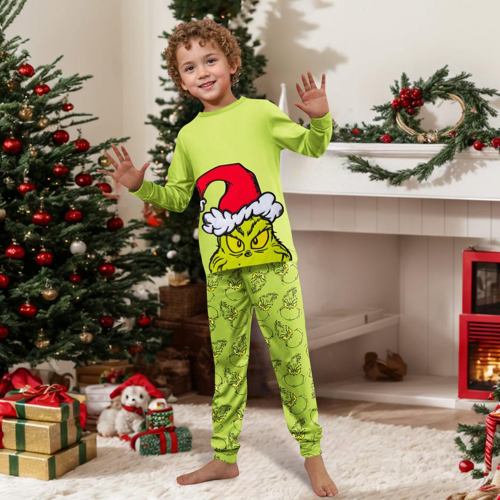 Family Matching Christmas Print Pajama Set Long Sleeve Round Neck Top and Pants Loungewear