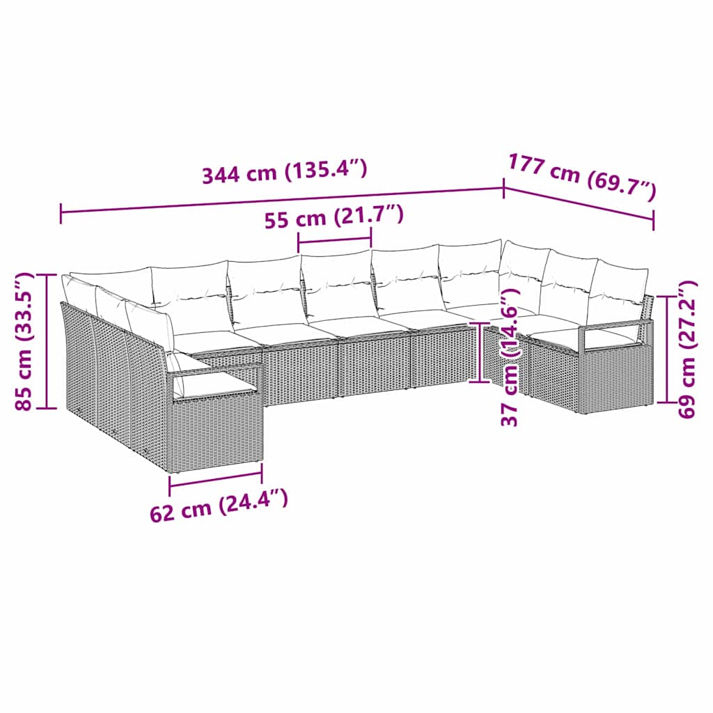 10 Piece Grey Poly Rattan Sofa Set with Cushions
