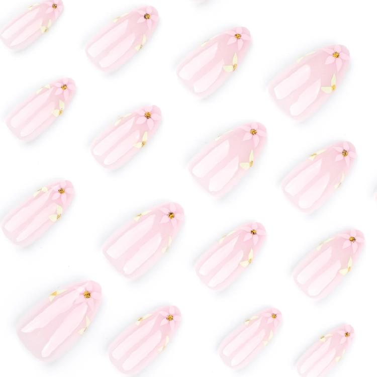 24pcs Press On Nail Short Almond False Nail With Flowers Designs Glossy Artificial Full Cover Stick On Nail for Women