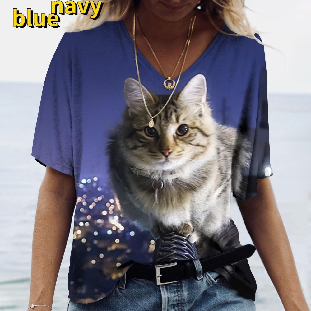

Каваї Літня Жіноча Футболка з Принтом Кота 3D Короткий Рукав V-подібний Виріз Повсякденні Топи Одяг для Дівчат Хараджуку XS