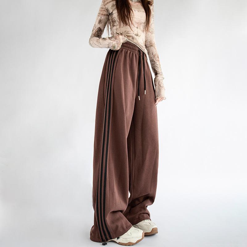 Autumn and winter white sweatpants women's trousers high waist loose side strips casual straight sweatpants wide leg trousers