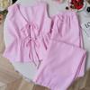 Women's Casual Sweet Set Summer Solid Color Striped Vest and Loose Pants Set with Lace-Up Closure