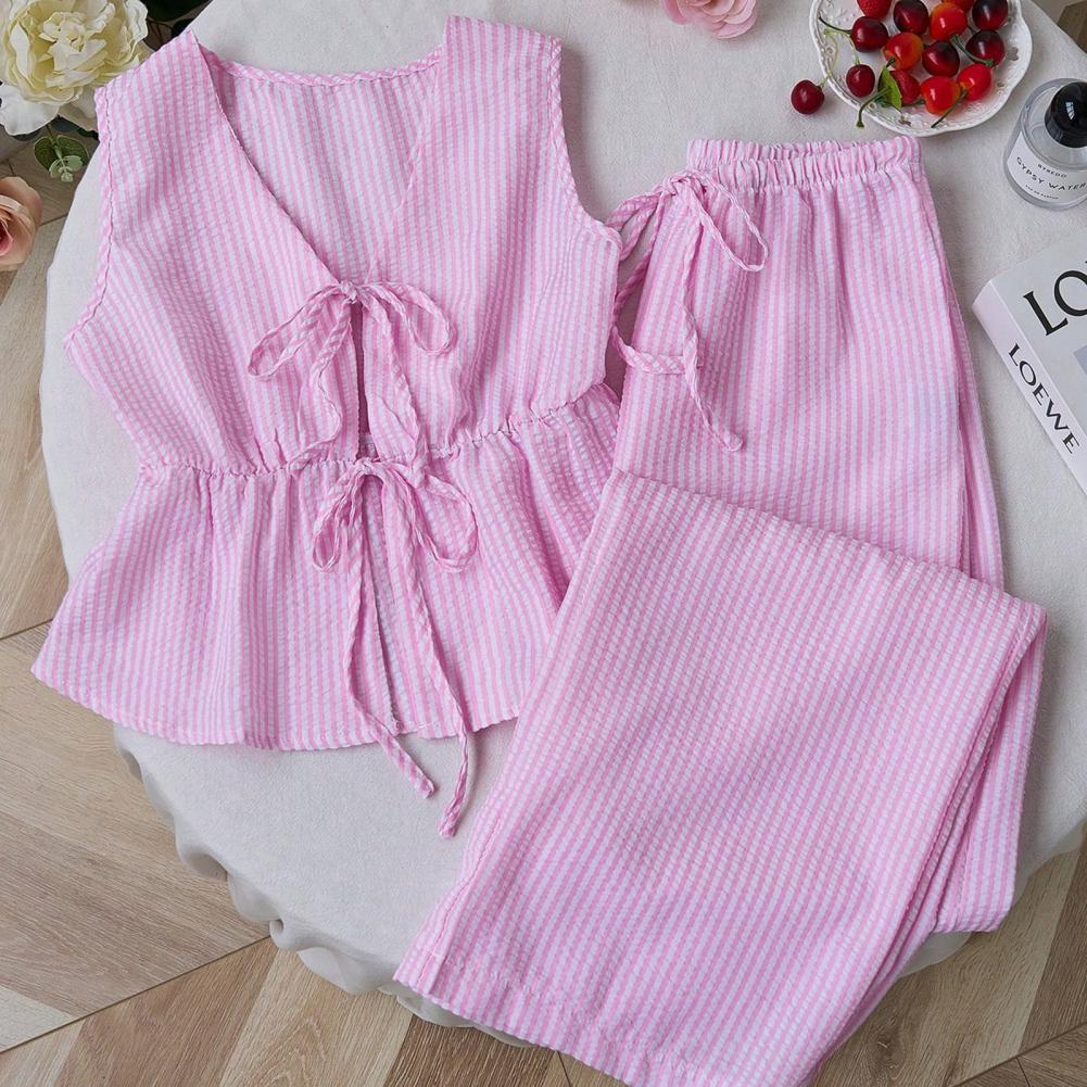 Women's Casual Sweet Set Summer Solid Color Striped Vest and Loose Pants Set with Lace-Up Closure