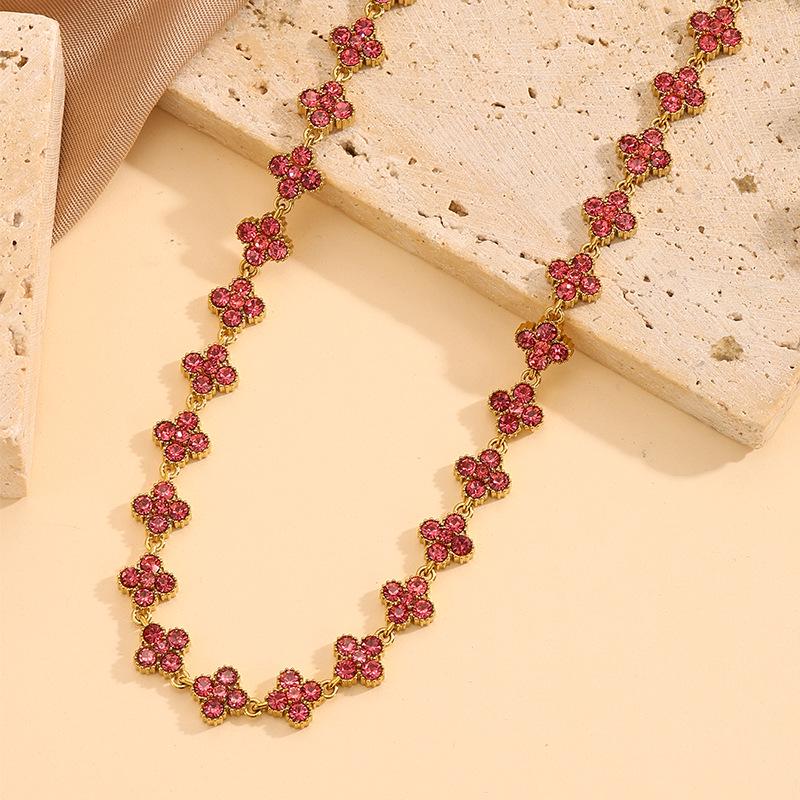 Colorful Diamond Four-Leaf Clover Jewelry Set - Necklace, Bracelet & Earrings for Women