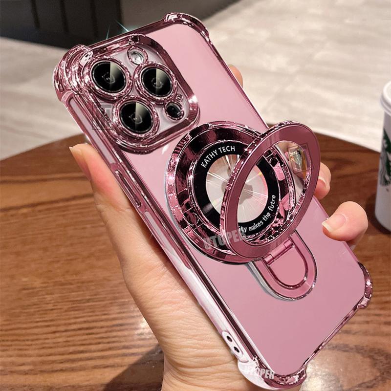 Luxury New Flip Bracket Transparent Case for iPhone 16 15 14 13 11 12 Pro Max Plus Magsafe Magnetic Plating Shockproof Cover