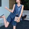 Trendy Petite Women's Denim Suit: Vest Tank & Shorts 2-Piece Set for Summer Casual Wear