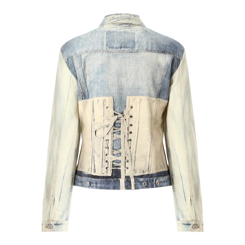 Damen Retro Slim-Fit Rissige Jeansjacke mit Visuellem Print