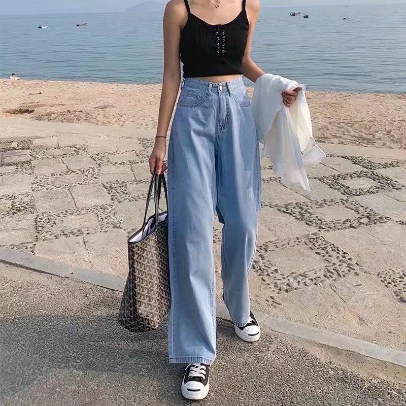 Summer straight jeans women's new drape high waist thin straight wide leg pants women's jeans