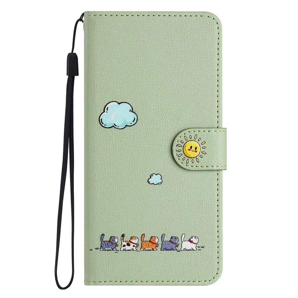Book-style Flip Cover with Cartoon Animal Print Case For iPhone 16E 16 15 Plus 14 13 12 mini 11 Pro Max 10 XS X XR Stand Cover