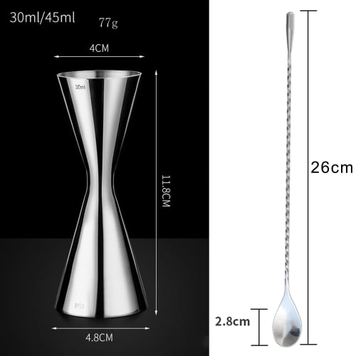 WOMLEX Measuring Cup, 30/45ml Graduated, and 26cm Bar Spoon, Double-Headed, Integrated Stainless Steel Measuring Cup, Silver (26cm Jigger and Bar Spoo