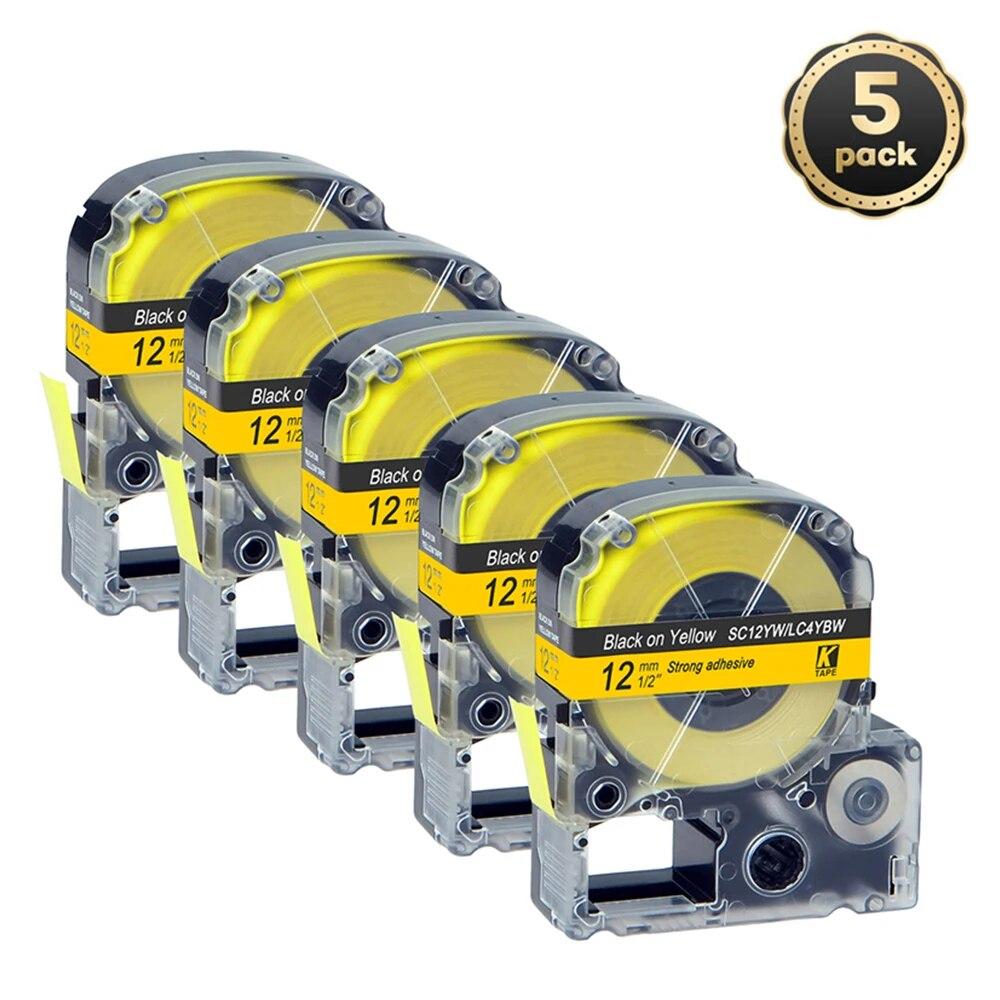 5 pachete 12 mm negru pe alb etichetă compatibilă Epson LC-4WBN / SS12KW SC12RW SC12YW ST12KW pentru imprimanta Epson LW300 LW400 500 600