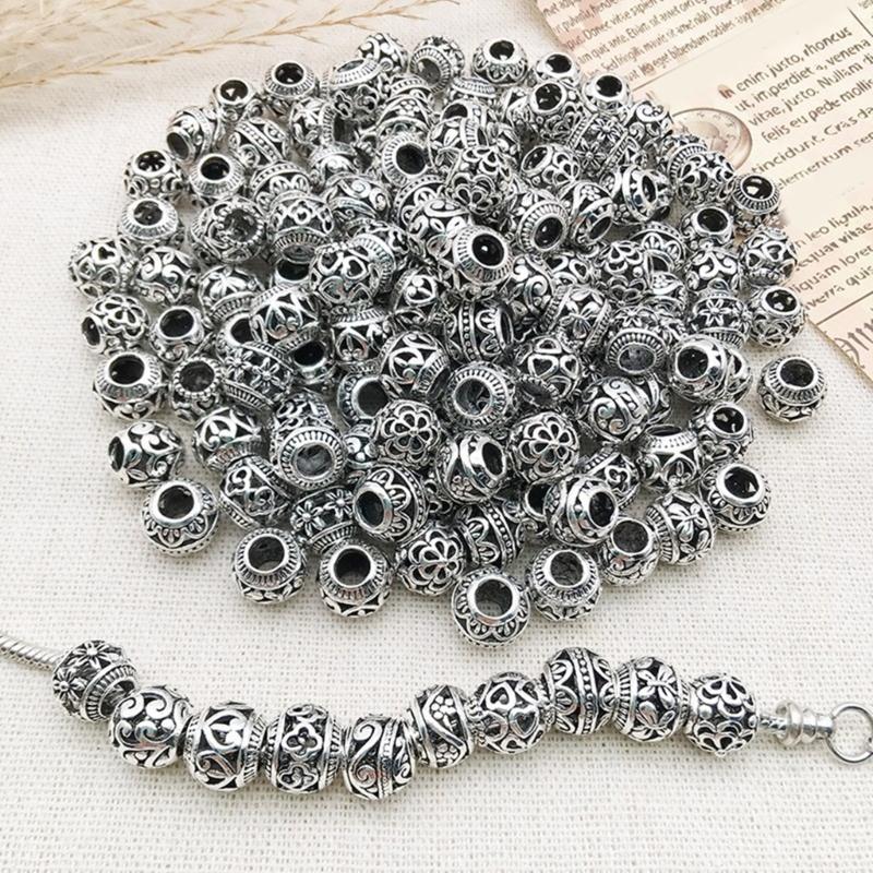 10Pieces European Style Spacer Beads with Large Holes Silver Round Spacer Beads Accessory for Creative Jewellery Making