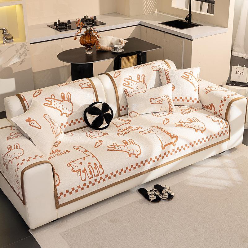 Cartoon Half Fleece Sofa Cushion  New Winter Simple Modern Seat Cushion Fixed Non-Slip Sofa Cover Cover Cloth