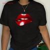 Unisexs Red Lip Print Sports T Shirt Casual Round Neck S Top Vintage Slightly Stretched Soft Graphic