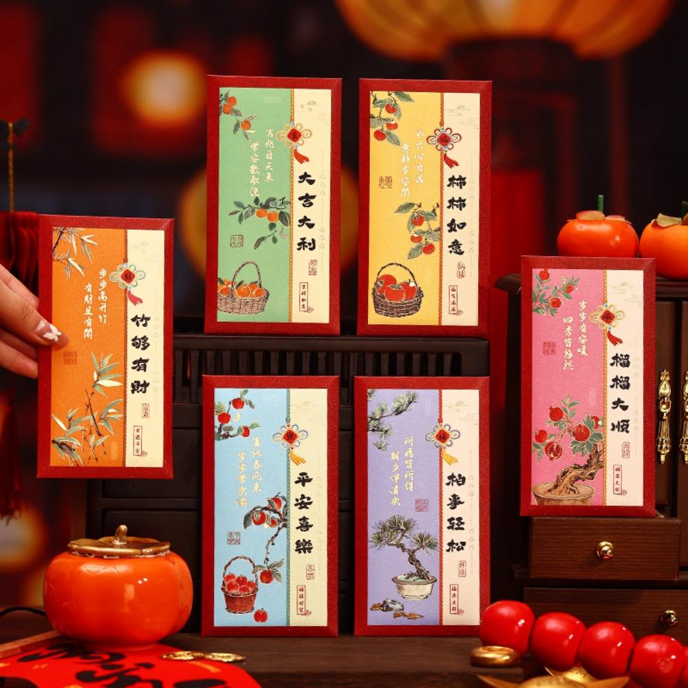 6Pcs Chinese Style New Year Red Packets Gold Foil Design Cash Gift Envelopes  Spring Festival