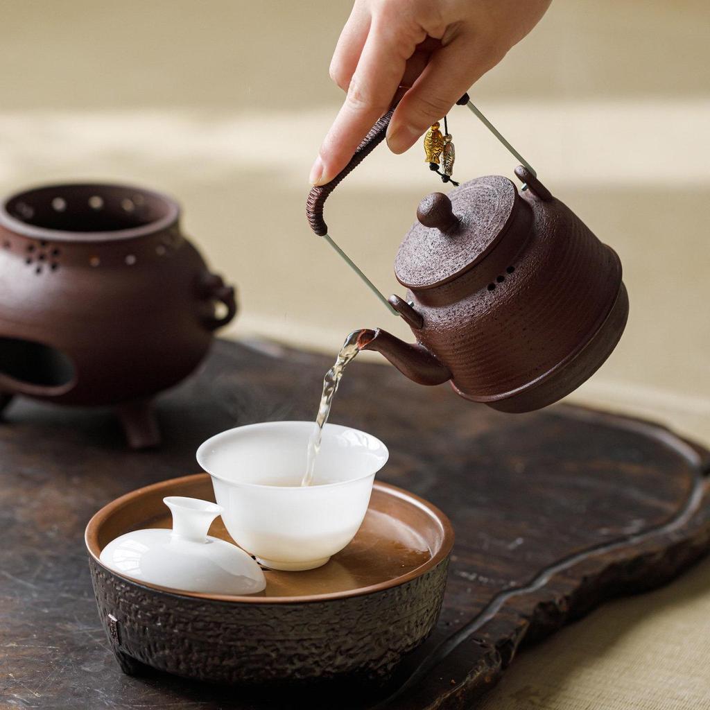 Guanlan Retro Coarse Pottery Tea Kettle Set with Alcohol Warmer for Outdoor Brewing