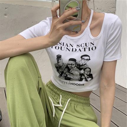 Short Short Sleeve T-Shirt Women's Summer New American Retro Slim Mind Machine Hollow Spice Girl Ins Trend Top