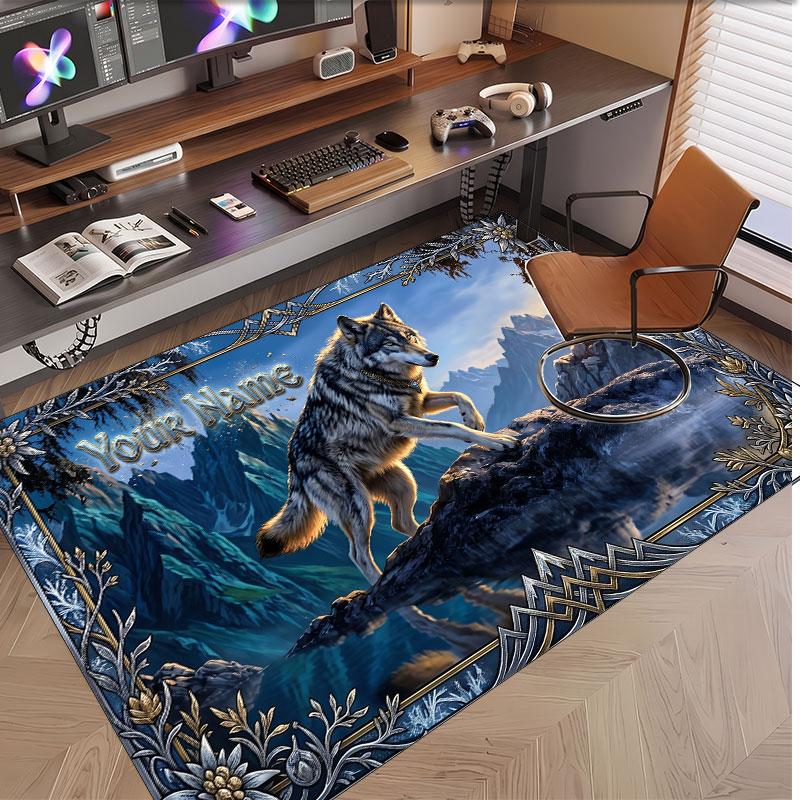 Wolf Theme Soft Crystal Velvet Rug Custom Name & Text Print Non Slip Floor Rug for Bedroom Living Room
