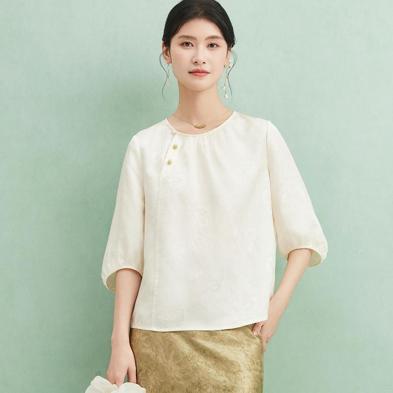 Mulberry silk 100% [24mm jacquard bamboo knot flower ivy] round neck slanted collar butterfly jacquard shirt summer