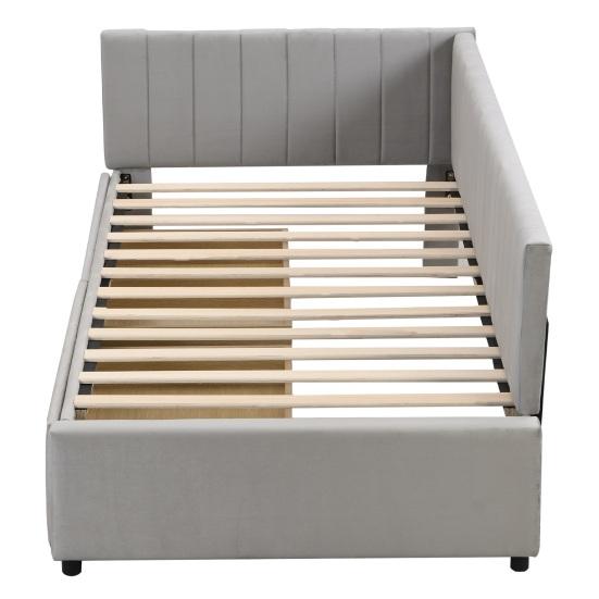 Adult Cot Velvet Upholstery Bed with 2 Drawers L-shaped Ergonomic Design Single Slatted Frame Backrest Strong Wood Slat Support Home Furniture