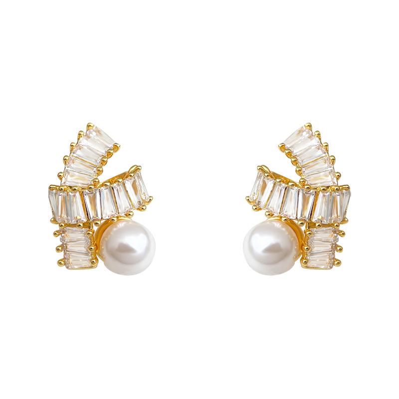 Original Gold-Plated Zircon Stud Earrings: Geometric Cross, French Retro Elegant Style